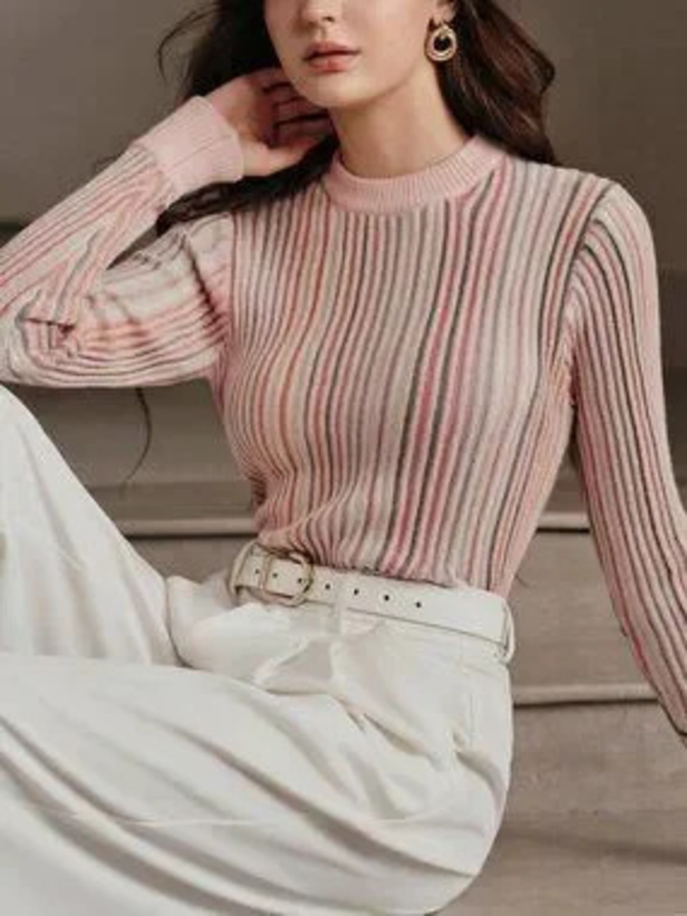 Pink Casual Women's Colorful Striped Crew Neck Long Sleeve Top